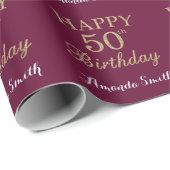 Happy 50th Birthday Gold Glitter en Burgundy Red Cadeaupapier (Rol Hoek)
