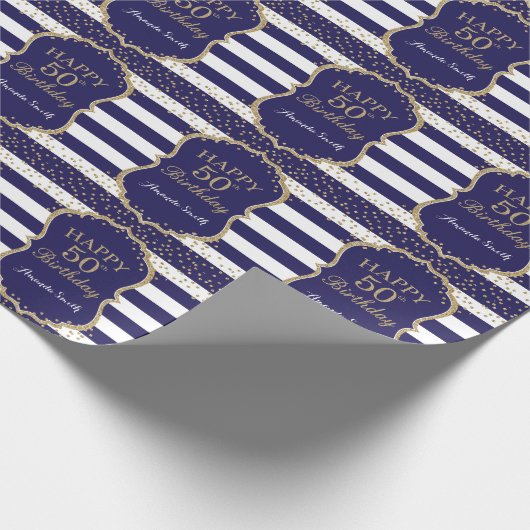 Happy 50th Birthday Gold Glitter en Navy Blue Cadeaupapier (Hoek)