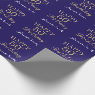 Happy 50th Birthday Gold Glitter en Navy Blue Cadeaupapier