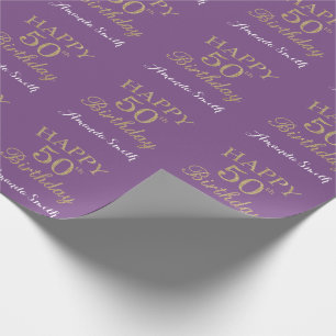 Happy 50th Birthday Gold Glitter en Paars Cadeaupapier
