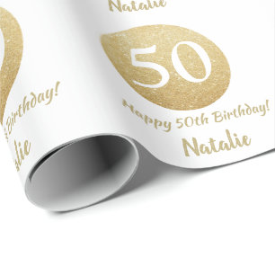 Happy 50th Birthday Gold Glitter en White Cadeaupapier