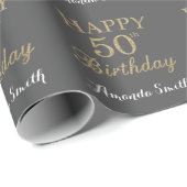 Happy 50th Birthday Goud Glitter en Grijs Cadeaupapier (Rol Hoek)