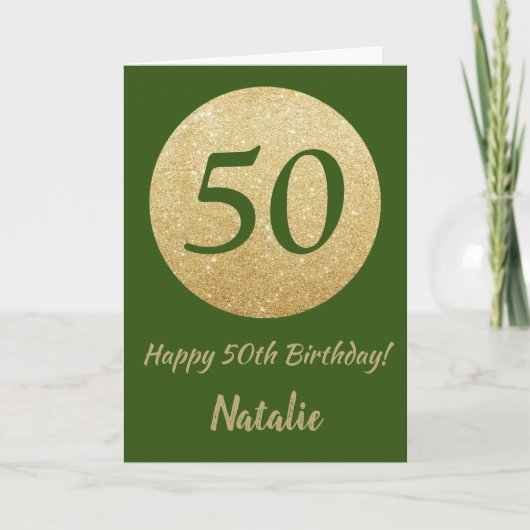 Happy 50th Birthday Green en Gold Glitter Kaart (Voorkant)