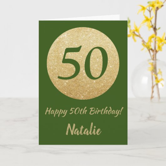 Happy 50th Birthday Green en Gold Glitter Kaart (Gele Bloem)