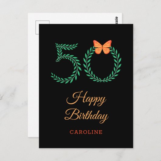Happy 50th Birthday Greenery Butterfly Briefkaart (Voorkant / Achterkant)