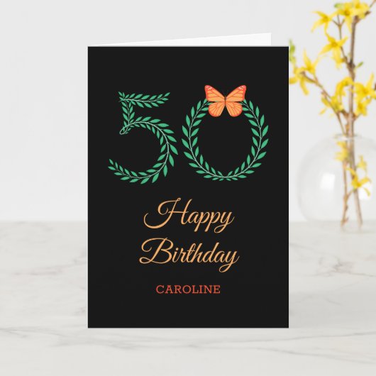 Happy 50th Birthday Greenery Butterfly Kaart (Gele Bloem)