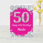 Happy 50th Birthday Hot Pink en Silver Glitter Kaart (Gele Bloem)