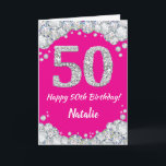 Happy 50th Birthday Hot Pink en Silver Glitter Kaart<br><div class="desc">Happy 50th Birthday Hot Pink en Silver Glitter Card met persoonlijke naam. Voor verdere aanpassing,  te klikken gelieve de knoop "van de Aanpassing het"en ons ontwerphulpmiddel te gebruiken om deze sjabloon te wijzigen.</div>