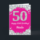 Happy 50th Birthday Hot Pink en Silver Glitter Kaart<br><div class="desc">Happy 50th Birthday Hot Pink en Silver Glitter Card met persoonlijke naam. Voor verdere aanpassing,  te klikken gelieve de knoop "van de Aanpassing het"en ons ontwerphulpmiddel te gebruiken om deze sjabloon te wijzigen.</div>