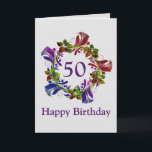 Happy 50th Birthday Kaart, Modern Floral Kaart<br><div class="desc">Zeer manier om een vrouw geluk te wensen met haar vijftigste verjaardag. Een modern bloemontwerp heeft groene bloemen op een paarse en rode poot. 50 wordt geschreven in het centrum. Happy Birthday is hieronder geschreven. Moge alle verjaardagswensen uitkomen, is van binnenuit geschreven. Alle tekst kan worden gewijzigd, inclusief de grootte,...</div>