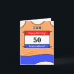 Happy 50th Birthday-kaart voor een runner Kaart<br><div class="desc">Stuur 50e verjaardag naar die speciale loper, ongeacht de afstand die ze afleggen, marathons, halve marathons, 10 mijl, 10km of 5km afstanden of springen! Of verander gewoon de berichten voor iemand die zijn favoriete kleur oranje is! Het lopende vest met zijn rassenaantal staat voor een waaier van aanpassingsopties toe: -...</div>