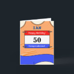 Happy 50th Birthday-kaart voor een runner Kaart<br><div class="desc">Stuur 50e verjaardag naar die speciale loper, ongeacht de afstand die ze afleggen, marathons, halve marathons, 10 mijl, 10km of 5km afstanden of springen! Of verander gewoon de berichten voor iemand die zijn favoriete kleur oranje is! Het lopende vest met zijn rassenaantal staat voor een waaier van aanpassingsopties toe: -...</div>