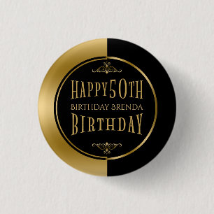 Happy 50th Birthday Modern Geometric Black & Gold Ronde Button 3,2 Cm