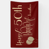Happy 50th Birthday Name Gold Text Burgundy Spandoek (Verticaal)
