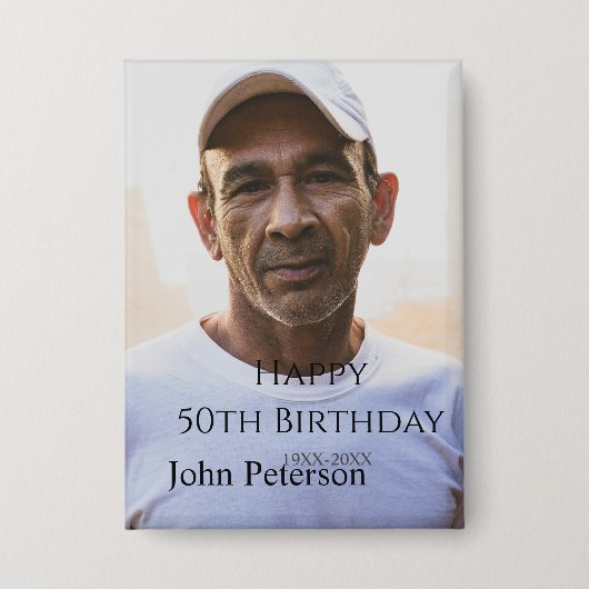 Happy 50th birthday name photo year man simple min button (Voorkant)