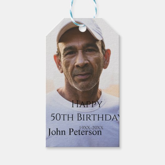 Happy 50th birthday name photo year man simple min cadeaulabel (Voorkant)