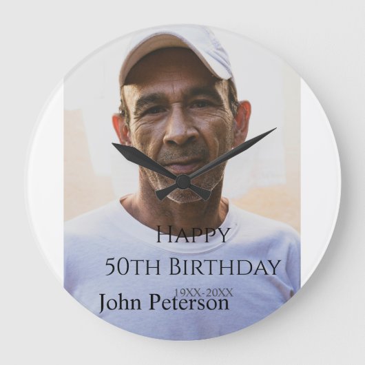 Happy 50th birthday name photo year man simple min grote klok (Voorkant)