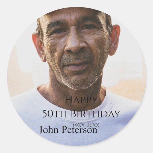 Happy 50th birthday name photo year man simple min ronde sticker (Voorkant)