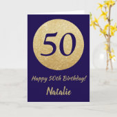 Happy 50th Birthday Navy Blue en Gold Glitter Kaart (Gele Bloem)