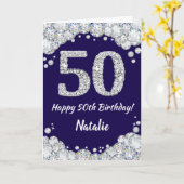 Happy 50th Birthday Navy Blue en Silver Glitter Kaart (Gele Bloem)