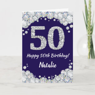 Happy 50th Birthday Navy Blue en Silver Glitter Kaart