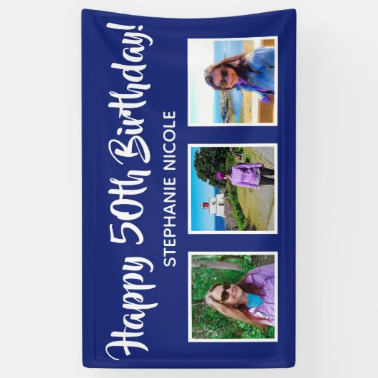 Happy 50th Birthday Navy gepersonaliseerde 3 foto' Spandoek (Verticaal)