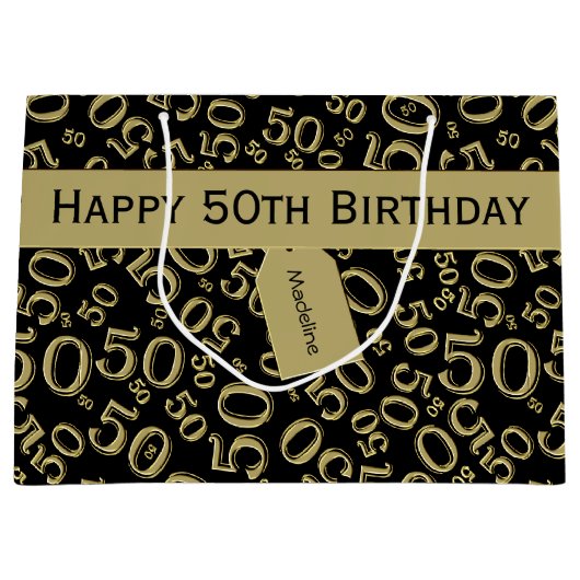 Happy 50th Birthday Number Pattern Black/Gold Large Cadeautasje (Voorkant)