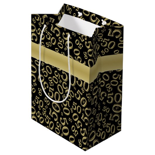 Happy 50th Birthday Number Pattern Black/Gold Medium Cadeauzakje (Achterkant Gekanteld)