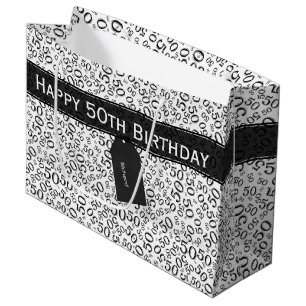 Happy 50th Birthday Number Pattern Black/White Large Cadeautasje