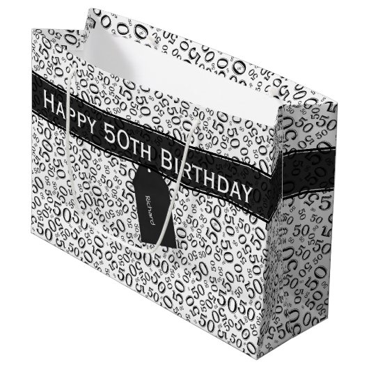 Happy 50th Birthday Number Pattern Black/White Large Cadeautasje (Voorkant Gekanteld)