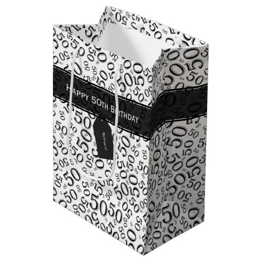 Happy 50th Birthday Number Pattern Black/White Medium Cadeauzakje (Voorkant Gekanteld)