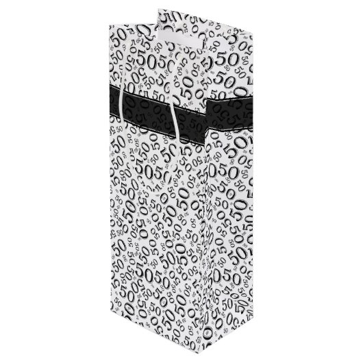 Happy 50th Birthday Number Pattern Black/White Wijn Cadeautas (Achterkant Gekanteld)