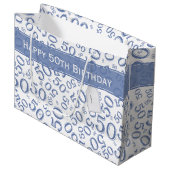 Happy 50th Birthday Number Pattern Blue/White Groot Cadeauzakje (Voorkant Gekanteld)
