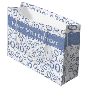 Happy 50th Birthday Number Pattern Blue/White Groot Cadeauzakje
