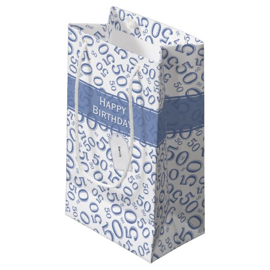 Happy 50th Birthday Number Pattern Blue/White Klein Cadeauzakje (Voorkant Gekanteld)