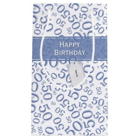 Happy 50th Birthday Number Pattern Blue/White Klein Cadeauzakje (Voorkant)