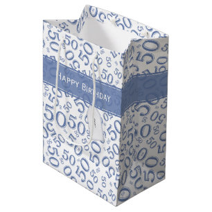 Happy 50th Birthday Number Pattern Blue/White Medium Cadeauzakje