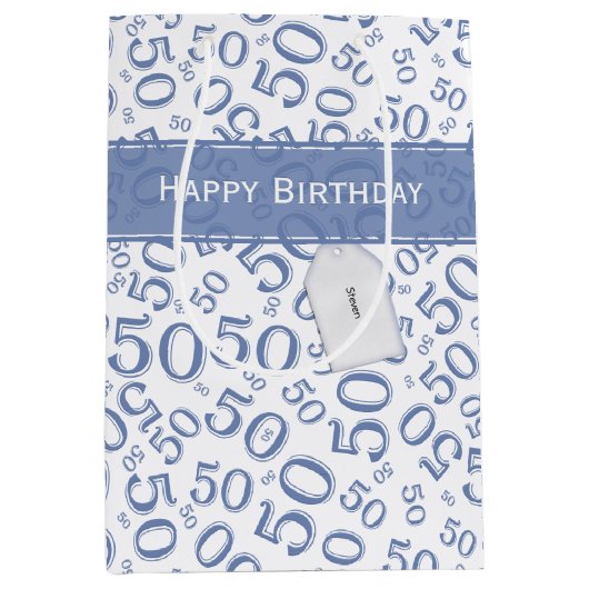 Happy 50th Birthday Number Pattern Blue/White Medium Cadeauzakje (Voorkant)