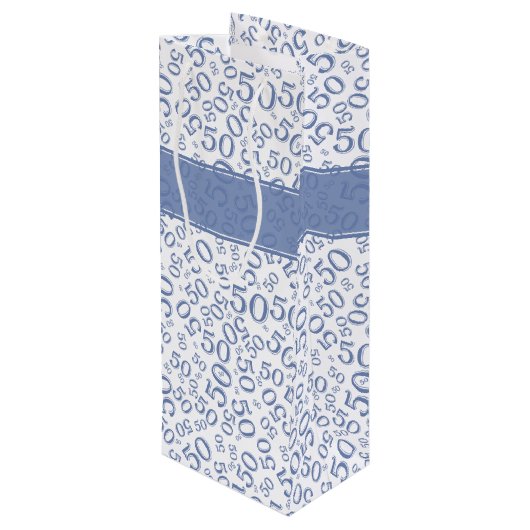 Happy 50th Birthday Number Pattern Blue/White Wijn Cadeautas (Achterkant Gekanteld)