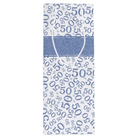 Happy 50th Birthday Number Pattern Blue/White Wijn Cadeautas (Achterkant)