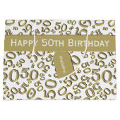 Happy 50th Birthday Number Pattern Gold/White Groot Cadeauzakje (Voorkant)