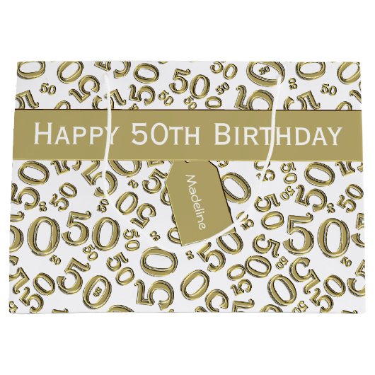 Happy 50th Birthday Number Pattern Gold/White Groot Cadeauzakje (Voorkant)