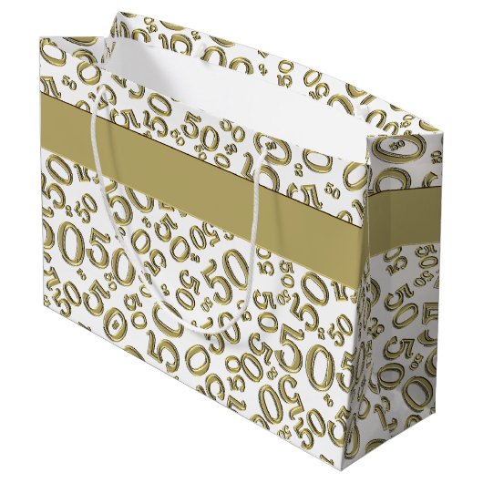 Happy 50th Birthday Number Pattern Gold/White Groot Cadeauzakje (Achterkant Gekanteld)