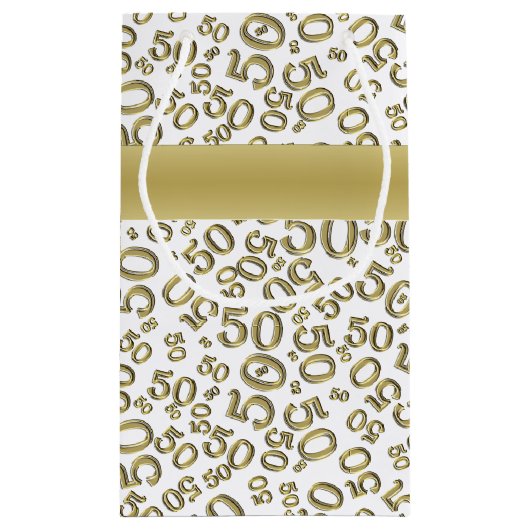Happy 50th Birthday Number Pattern Gold/White Klein Cadeauzakje (Achterkant)
