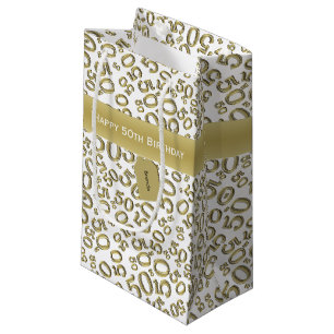 Happy 50th Birthday Number Pattern Gold/White Klein Cadeauzakje