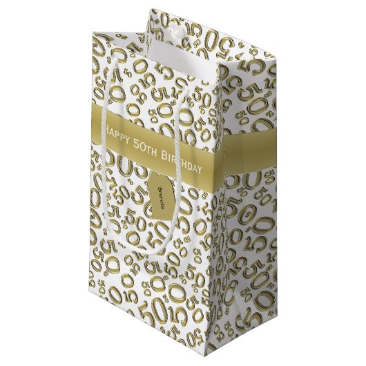 Happy 50th Birthday Number Pattern Gold/White Klein Cadeauzakje (Voorkant Gekanteld)