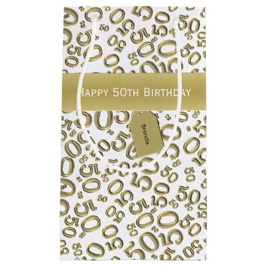 Happy 50th Birthday Number Pattern Gold/White Klein Cadeauzakje (Voorkant)