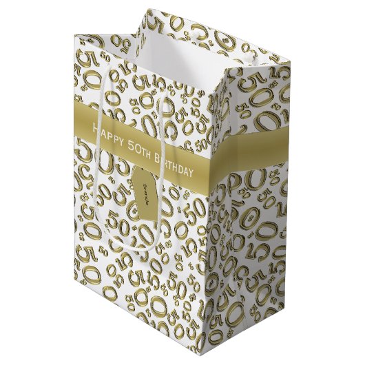 Happy 50th Birthday Number Pattern Gold/White Medium Cadeauzakje (Voorkant Gekanteld)
