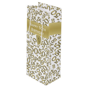 Happy 50th Birthday Number Pattern Gold/White Wijn Cadeautas