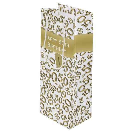 Happy 50th Birthday Number Pattern Gold/White Wijn Cadeautas (Voorkant Gekanteld)